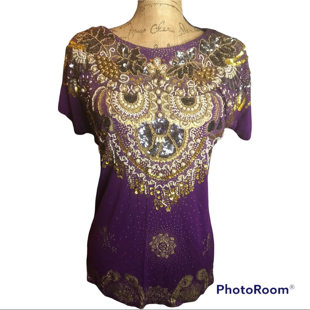 Vintage BaliChic Embellish Owl Purple Rayon Blouse